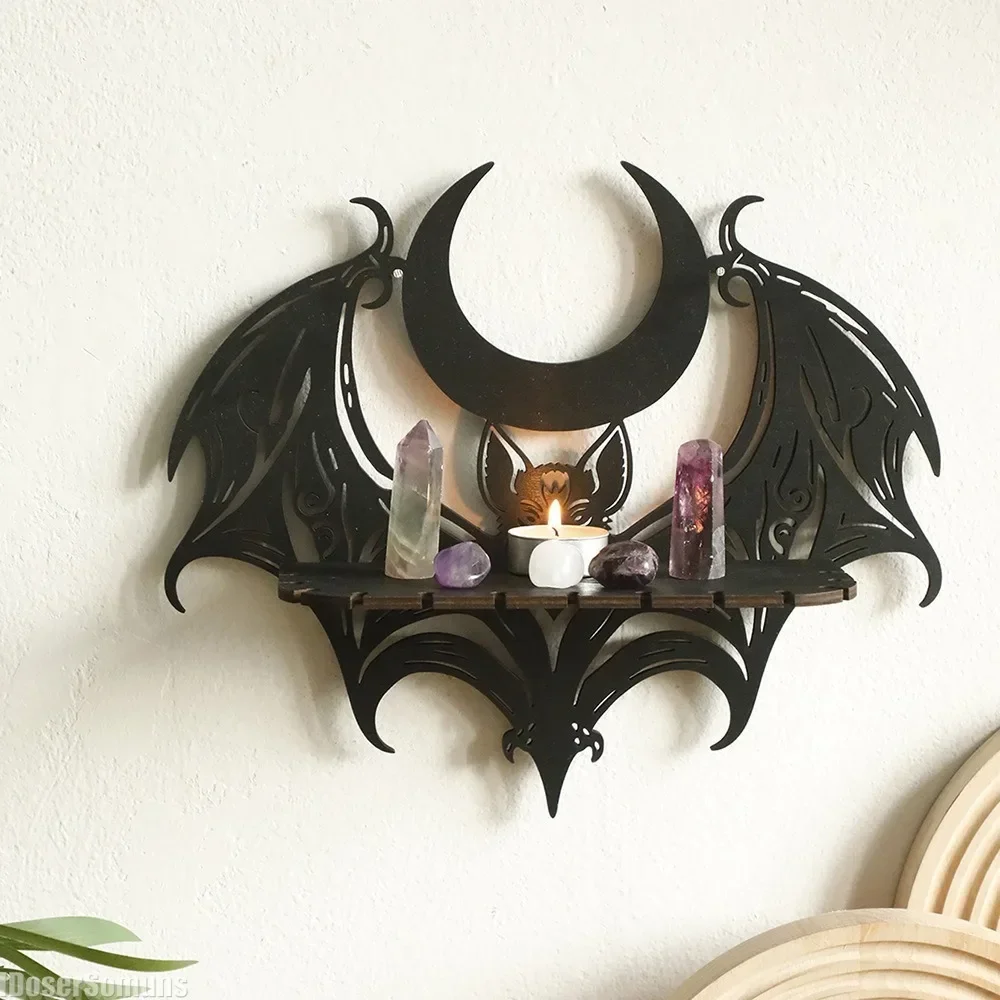 Black Wooden Wall Shelf Gothic Bat Moon Hollow Pattern Floating Shelf Halloween Crystal Holder Goth Home Decor Witch Room Decor