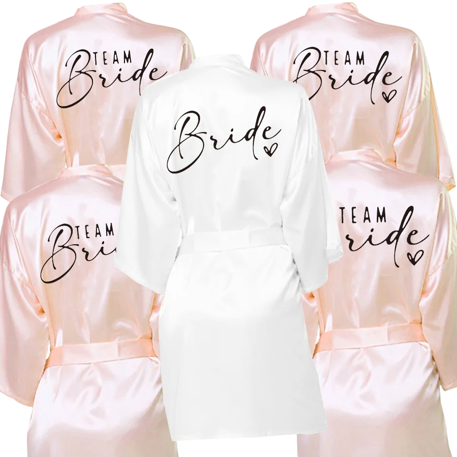 

Wedding Party Team Bride Robe With Black Letters Kimono Satin Pajamas Bridesmaid Plus SizeBathrobe Robes