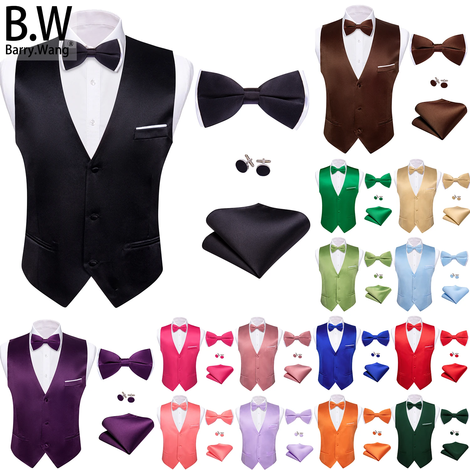 Barry.Wang élégant soie hommes gilet noeud papillon Hanky boutons de manchette ensemble 3 boutons gilet sans manches veste mâle mariage fête d'affaires