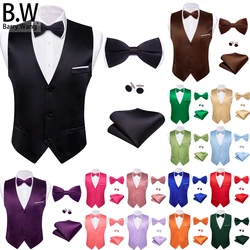 Barry.Wang Stylish Silk Men Vest Bowtie Hanky Cufflinks Set 3 Buttons Waistcoat Sleeveless Jacket Male Wedding Business Party