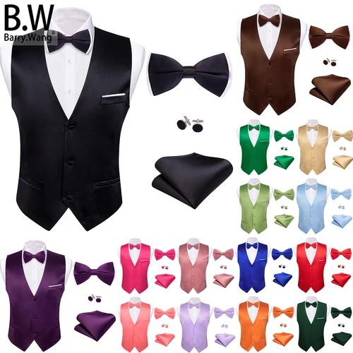 Barry.Wang elegante chaleco de seda para hombre, conjunto de gemelos y pañuelo con pajarita, chaleco de 3 botones, chaqueta sin mangas para hombre, boda, fiesta de negocios