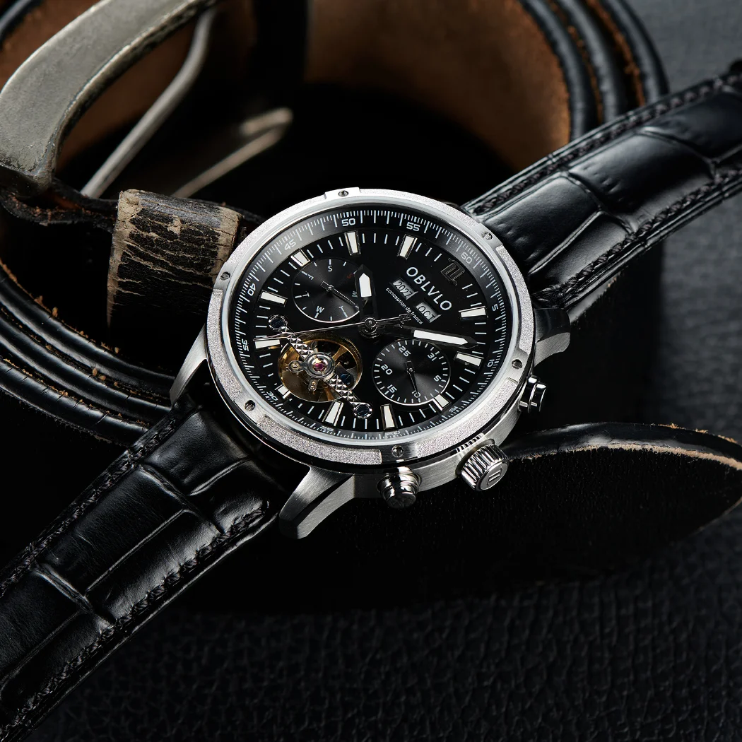 مستطيل رجال الأعمال ساعة أوتوماتيكية توربيون الميكانيكية مضيئة حزام من الجلد الياقوت مقاوم للماء التقويم الأسبوع شهر CM-T