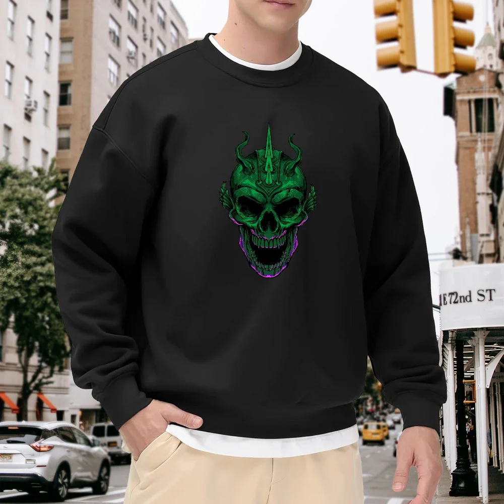 

Men's Black Loose-Fitting Crewneck Sweatshirt, Trendy Devil Skull Print Top, Street Style Casual Pullover, Versatile Fashion Item for Everyday Wear