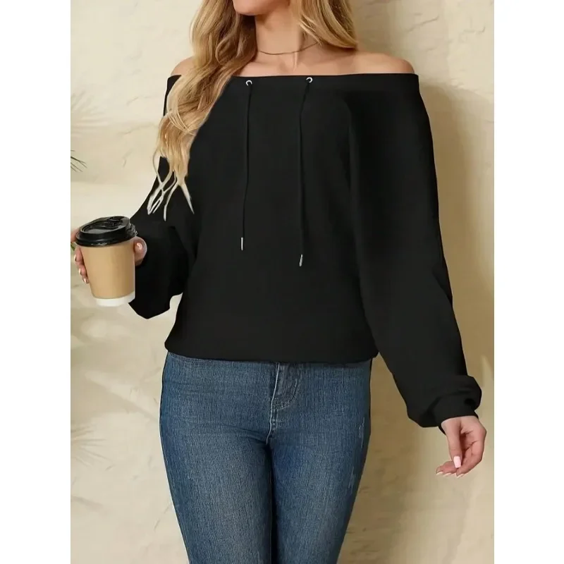 

Большие размеры 1XL5XL, женская модная толстовка на одно плечо с длинными рукавами, осенняя мода, повседневные свободные женские топы на шнурке