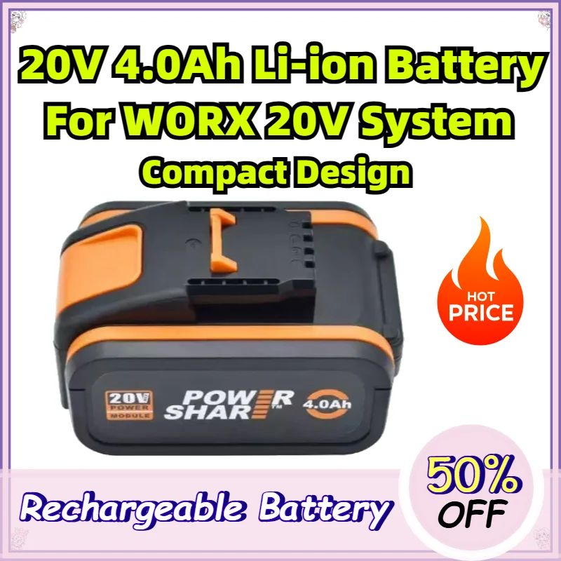 20V 4.0Ah Lithium Battery for WORX WA3551 WA3553 WX390 20V Power Tool Compact Design Replacement
