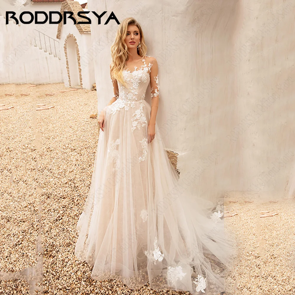 RODDRSYA gaun pernikahan sampanye ringan 2024 O-Neck lengan 3/4 gaun pesta pengantin ilusi Applique A-Line jubah Modern de marifee