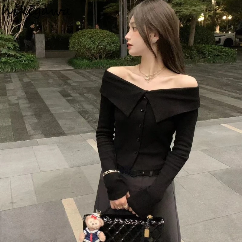 Black Sweater Fashion Tops 2023 Women Clothing Slash Neck Long Sleeve Tunic Jumper Off Shoulder Casual Knit Pullovers Pull Femme