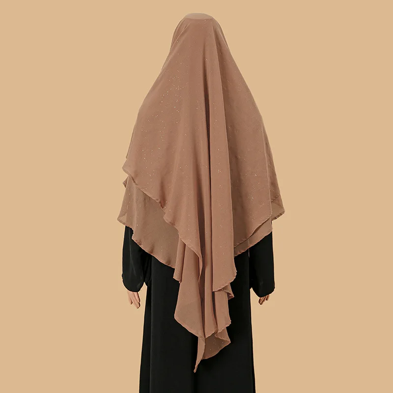 2025 Shimmer Eid Djellaba Vrouwen Moslim Gebed Kledingstuk Hijab Composiet Zijde Chiffon Chador Effen Overhead 2 Lagen Dame Khimar