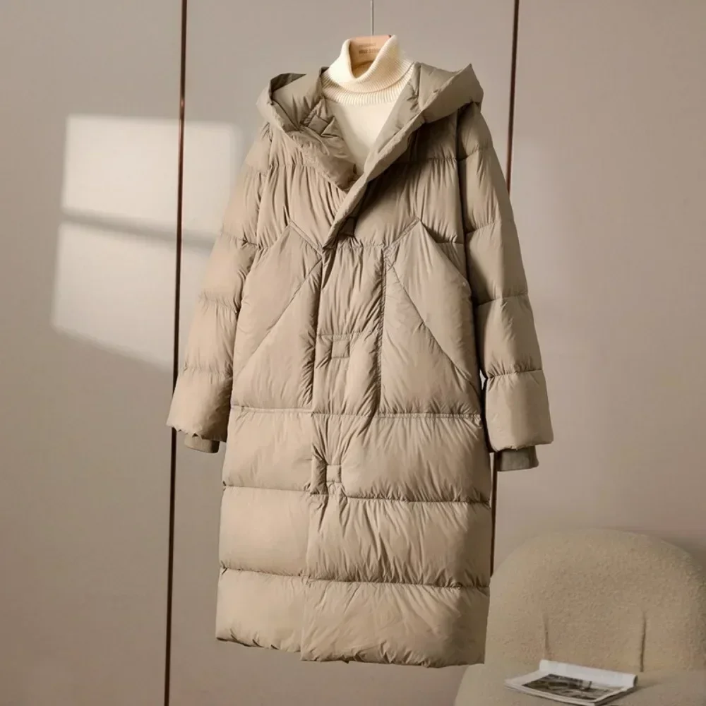 Mujer invierno nueva moda Puffer fajas con capucha de gran tamaño amarre por encima de la rodilla abrigo chaqueta de plumón de pato blanco sólido grueso cálido Mujer