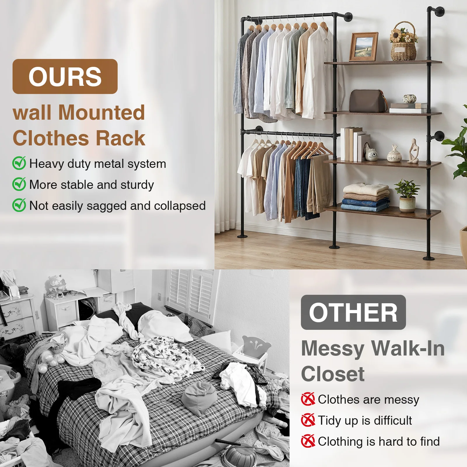 

Industrial Pipe Clothing Rack with Double Hanging Rods Display Hanging Garment Rod Metal Wall Clothes Rack Closet Storage System