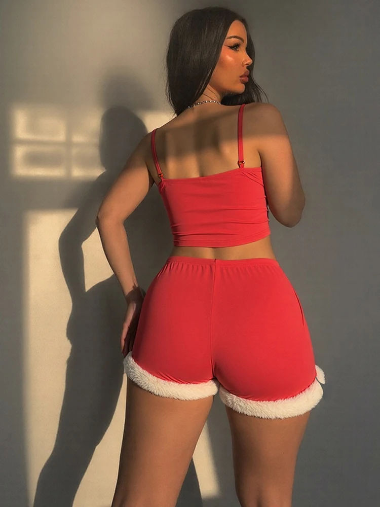 Kliou Kerststijl 3-delige set Dames Harig Patchwork Lage hals Backless Crop Tops + Shorts + Beenmouwen Cover Avondfeest Pakken