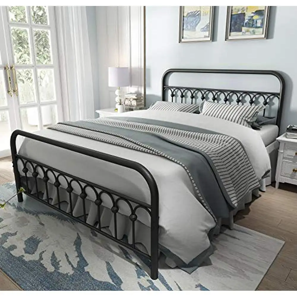 Queen Metall Bett rahmen mit Kopfteil und Trittbrett unter Bett Lagerung robustes Design kein Box spring benötigt Vintage-Stil schwarz