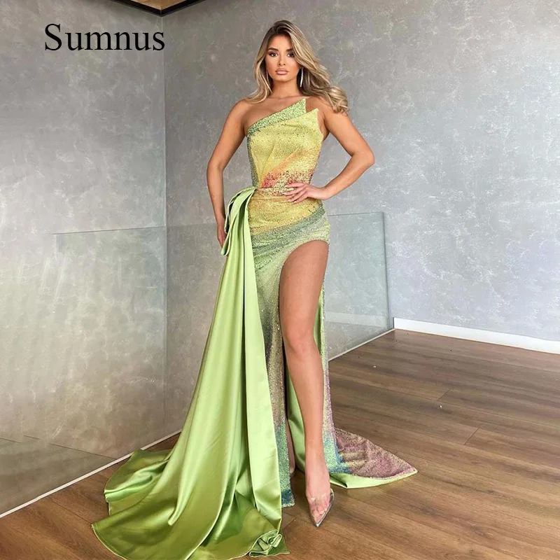 Emerald Green Strapless Prom Dresses Colorful Sequins Leg Split Sexy Pageant Dress 2022 Detachable Train Luxury Party Prom Gowns