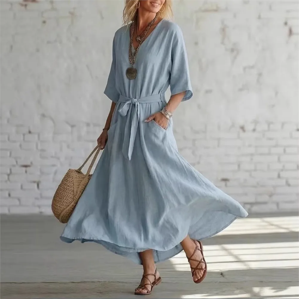 

New Summer Elegant Simple Retro Cotton Linen V-neck Women's Dress Casual Mid-sleeve Solid Color Fashion Belt Wide Hem Long Skirt