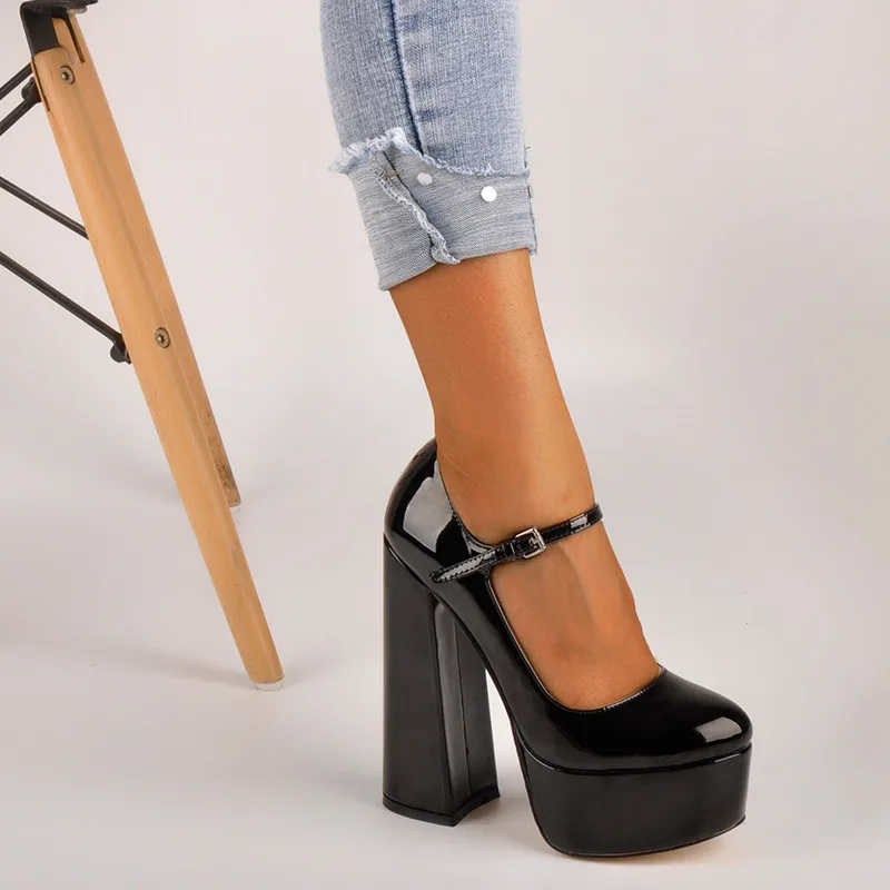 Onlymaker Women Pumps Mary-Jane Platform Black Pink Chunky 16CM High Heels Ankle Strap Dress Party Hoof Heel Plus Size Shoes