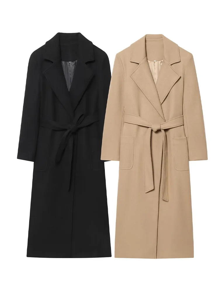 

HH Woman Fashion Long Sleeves Lapel Belt Pocket Decoration Hidden Buckle Long Coat Female Winter Slim Fit Casual Overcoat