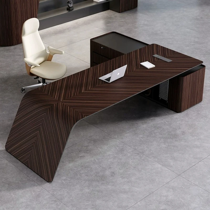 L‑shape grain Executive Desk Modern High‑End Large Boss Office Desk with Separate Side Cabinet for Chairman Director Workspace
