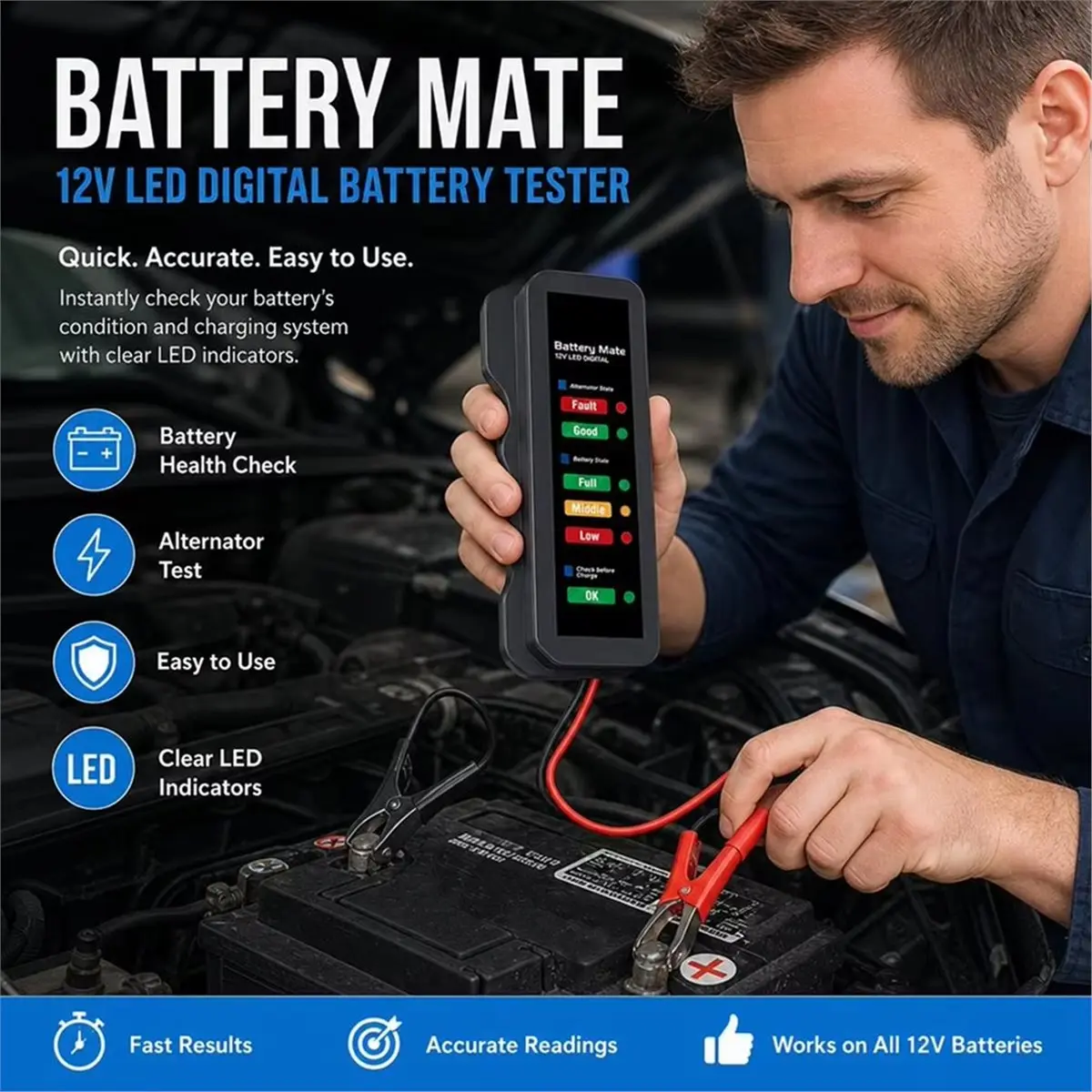 12V Car Battery Tester Digital LED Alternator Analyzer Battery State Checker Diagnostic Tool with Alligator Clamps