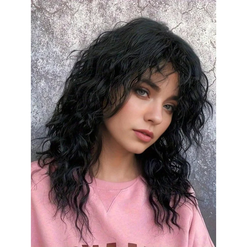 

Женский черный модный пушистый волнистый длинный вьющийся парик из синтетических волос