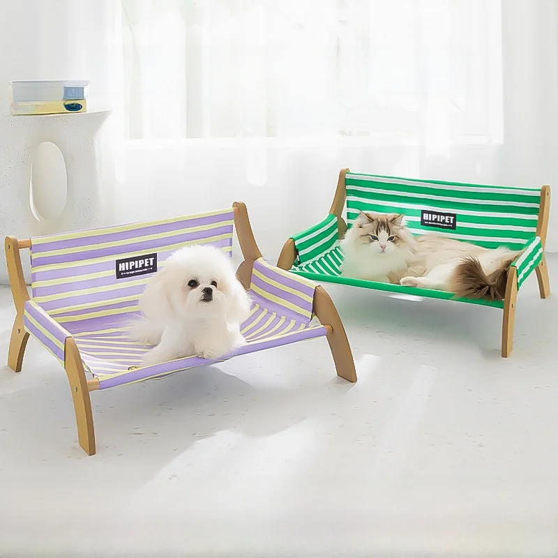 

Spring Summer Dog Ball Chase Stripe Wooden Sofa Pet Bed Four Seasons off Ground Moisture Proof Small Dog House Couch
