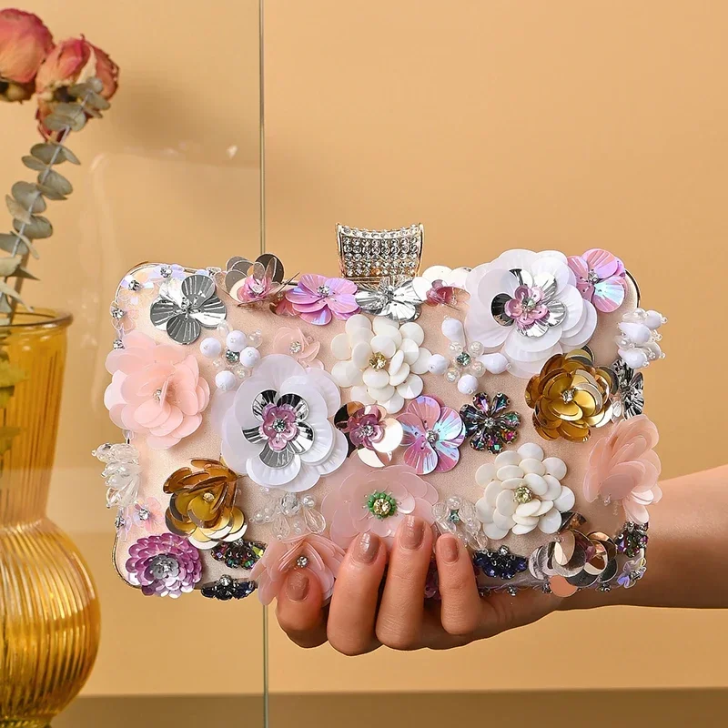 Flower Evening Metal Handle Evening Bag Bridal Wedding Purse Chain Rhinestone Glitter Clutch Bag Party Prom Handbag For Women