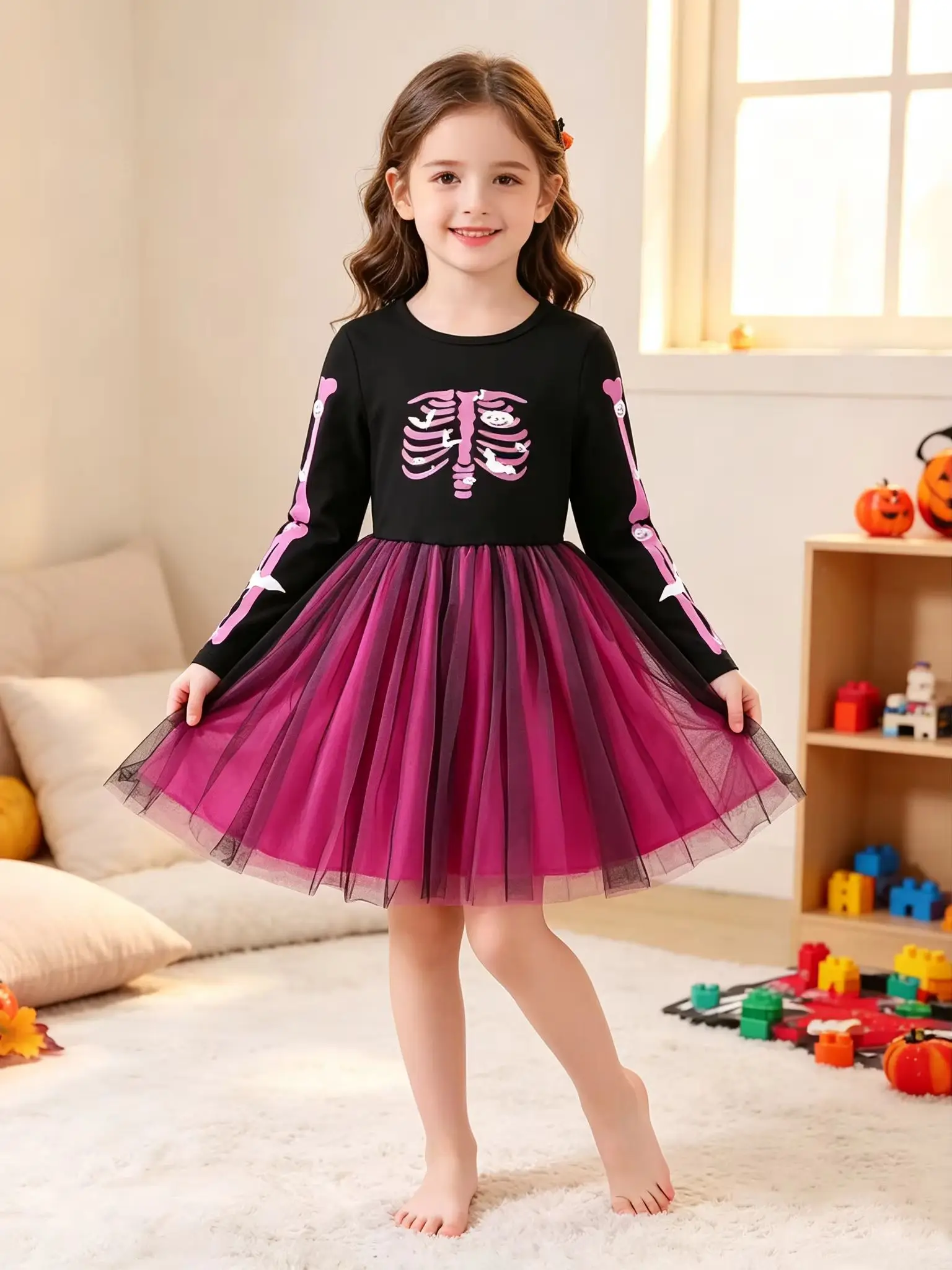 Kinder-Halloween-Kleid mit Knochenmuster, Netzstoff, Rundhalsausschnitt, Langarm, Lässig-Elegant, Mittellanger Rock für Herbst und Winter – Detail 3