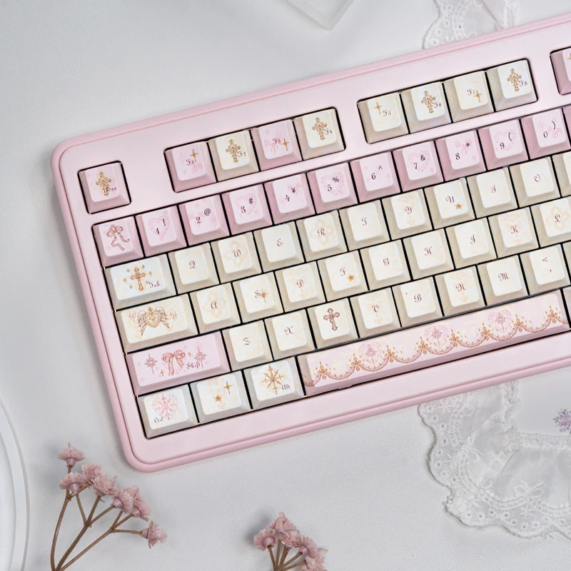 

Angelic Pink Keycaps PBT Dye-Sub Cherry Profile for 61 68 75 84 87 89 96 98 100 MX Office Gaming Mechanical Keyboard Girls Gift