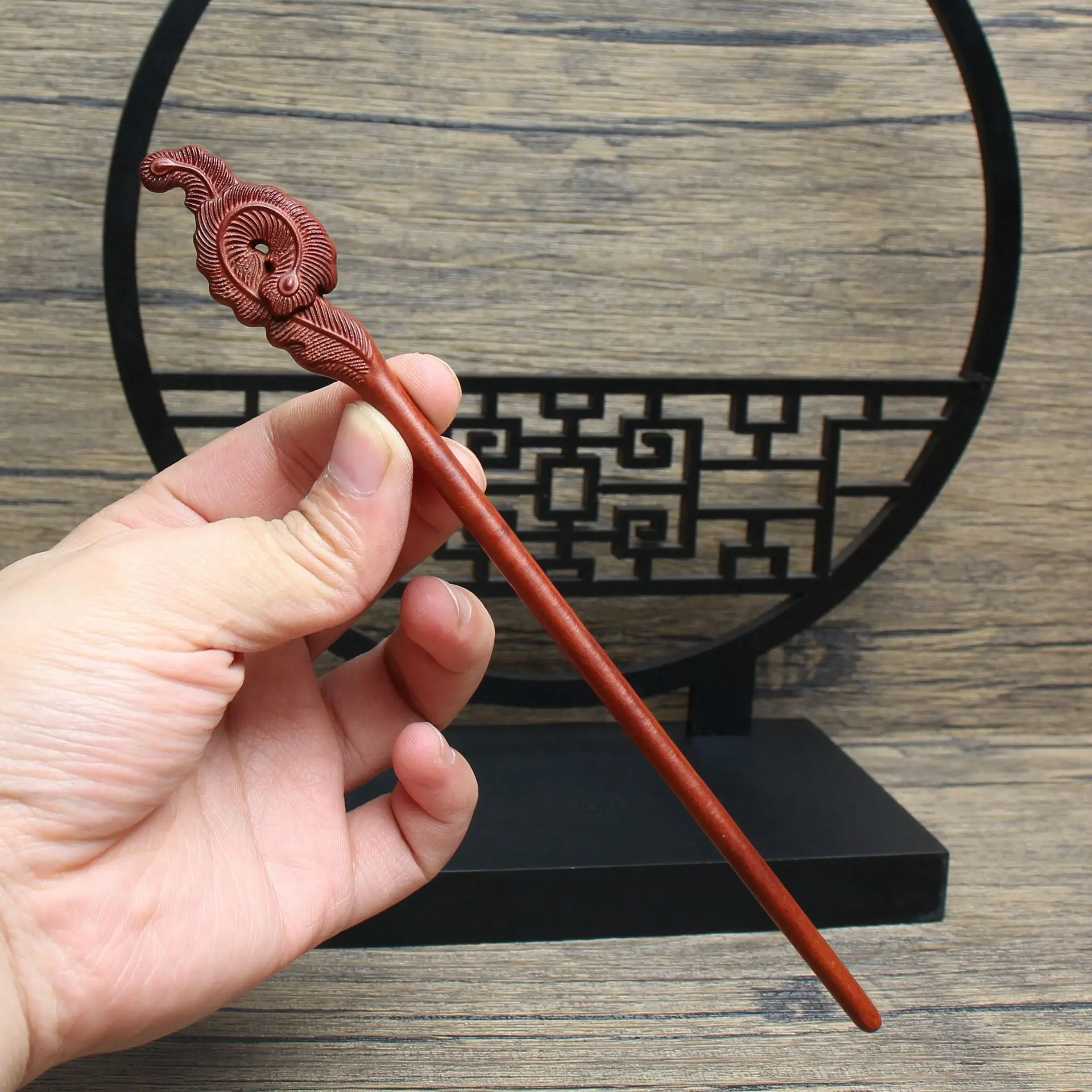 

Natural Thunderstruck Jujube Wood Phoenix Tail Hair Stick Hollow Carved Taoist Amulet Feng Shui Hairpin for Men Women