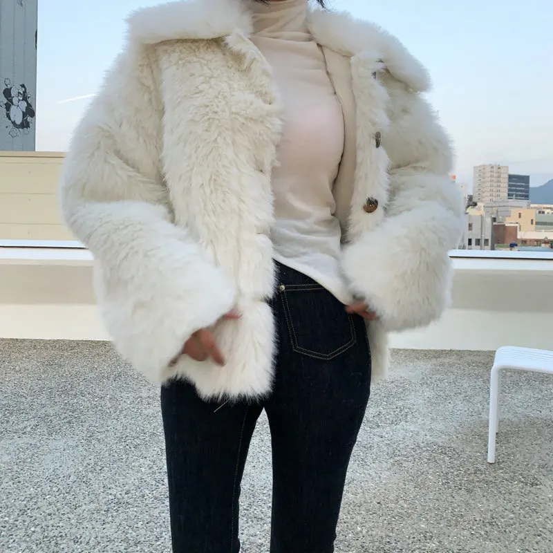 

Solowen Winter Thiened Long Sve Coat Pure Color Simple Collar Single Button Faionable Fur Outerwear Ladies Jaet