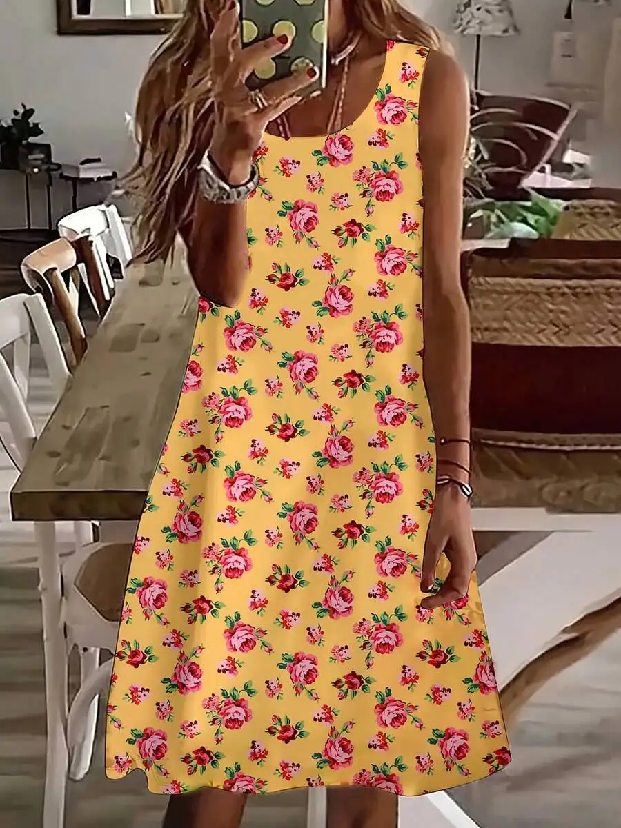 

Women Sleeveless Yellow Rose Floral Print Summer Casual Beach Party Dress