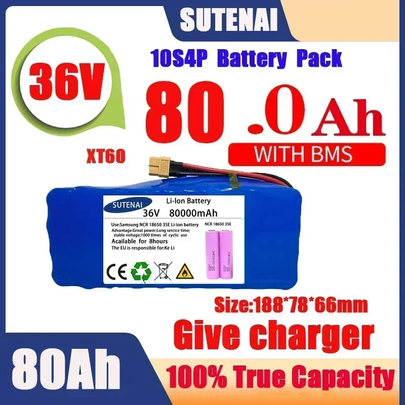 Bateria original de alta potência para bicicleta elétrica, 36V, 10S4P120Ah, 500W, 42V, 120000mAh, BMS, 42V, 2A Carregador