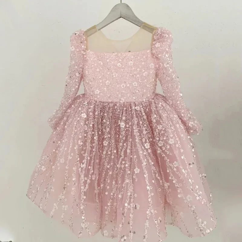 Vestido de manga larga para niña, vestido esponjoso de lentejuelas brillantes para bebé, vestido de princesa de cumpleaños, moda cómoda para niños, 2024