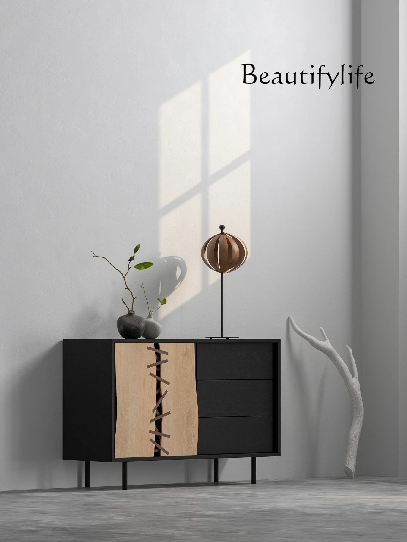 Entrance Cabinet Nordic Solid Wood Minimalist Wood Color Living Room Silent Wind Black Storage Cabinet