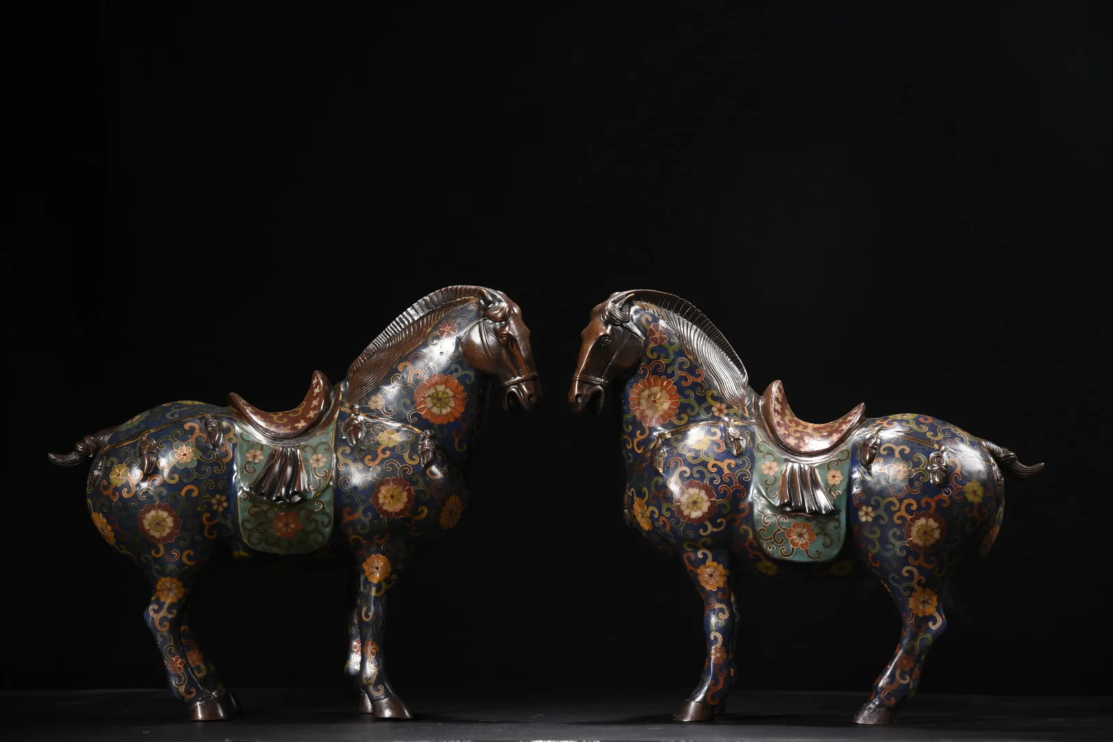 

13"Tibetan Temple Collection Old Bronze Cloisonne Enamel Flower Texture Tang Ma Fortune Horse Horse Statue A Pair Amass wealth