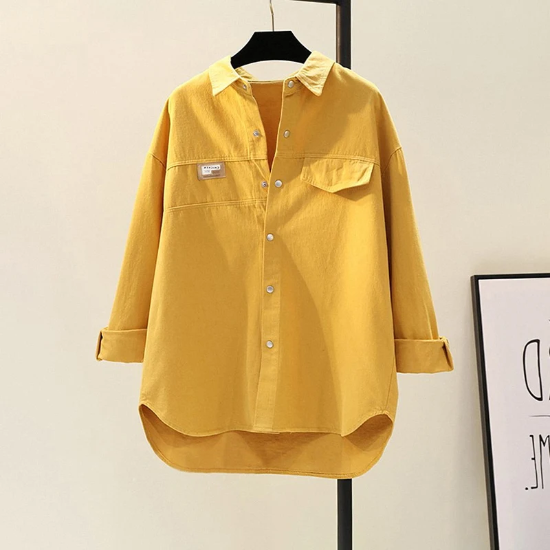 

Casual Cotton Shirt Women's Autumn Winter New Style Korean Loose Asymmetric Design Pure Color Collar Button up Coat Top