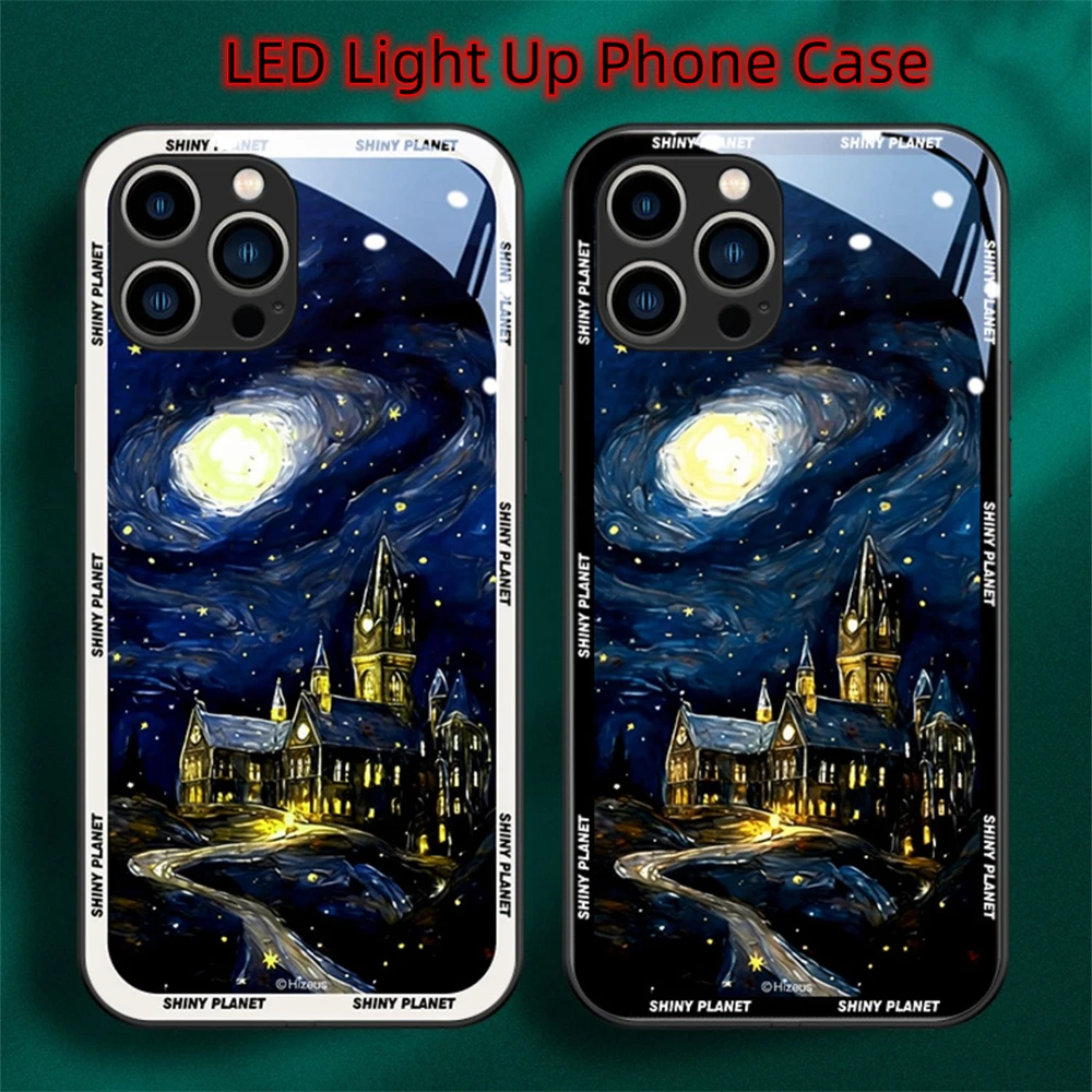 Magic Moon Night Pattern Sound Control LED Flash Cases Luminous Glass Cover For iPhone Air 17 16 15 14 13 12 11 Pro Max Plus view 5