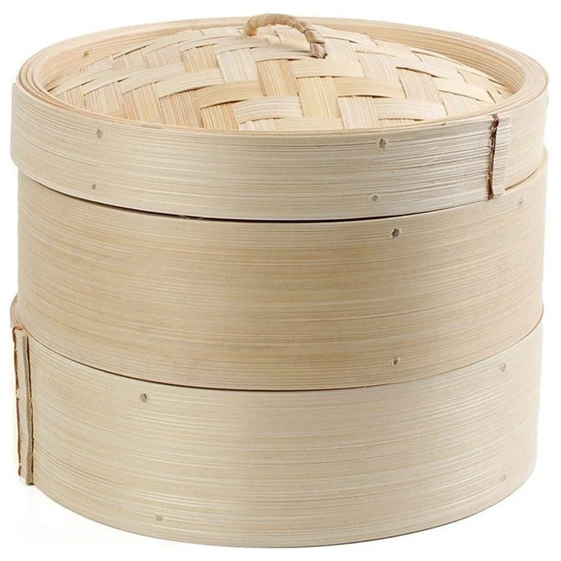 Vaporizador de bambú de 2 niveles, cesta Dim Sum de 8 pulgadas, juego de cocina para arroz y Pasta con tapa por cesta de vapor para verduras