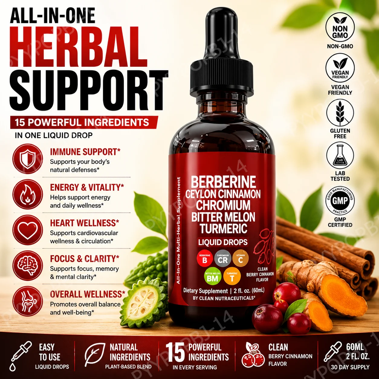 Organic Ceylon Cinnamon & Turmeric Liquid Drops – Plant-Based Wellness – 60ml – Non-GMO, Vegan, Gluten Free