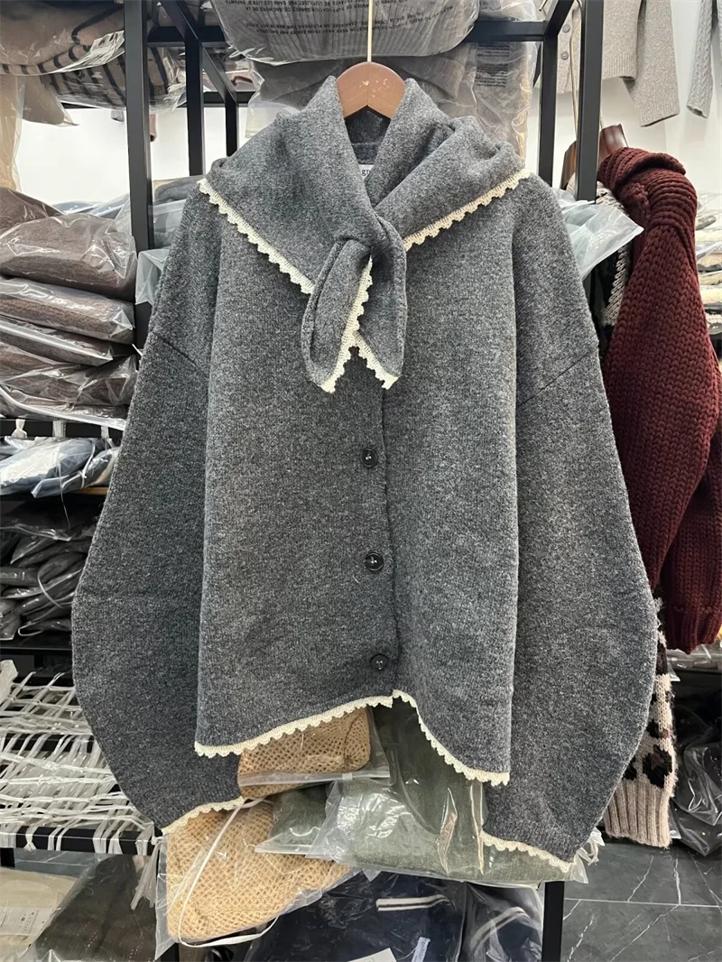 Nieuwe herfst en winter dames eenvoudige lange sjaalkraag kanten rand gebreide trui mode casual dames gebreide top