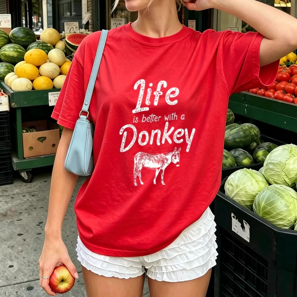 Life Is Better with A Donkey Graphic Cotton T‑Shirt Farm Animal Slogan Print O‑Neck Casual Country Farmhouse Streetwear Tops Tee