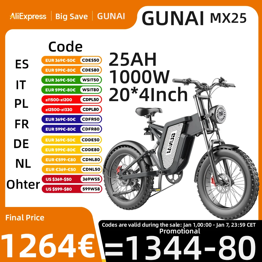 GUNAI MX25 Electric Bicycle 1000W 48V 25AH Adult Mountain Electric Bicycle 4.0 * 20 inch Fat Tire Off Road Electric Bicycle