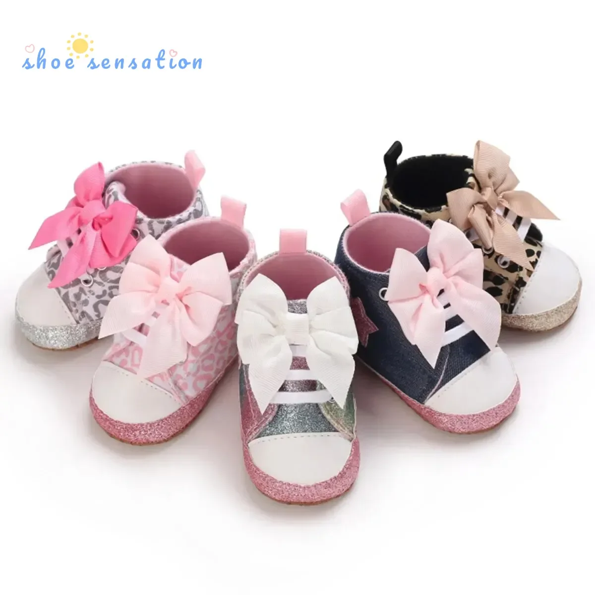 

Meckior Baby Star Canvas Shoes Glittering Bowknot Soft Sole Anti Slip Baby Girls Shoes High-top Toddler Lace-up Princess Shoes