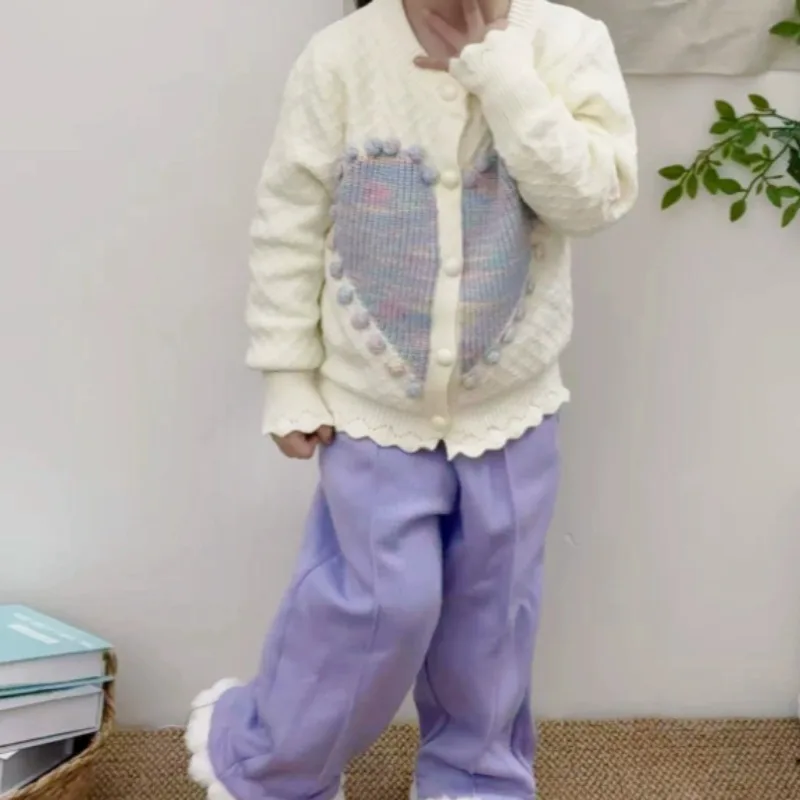 

Girls Winter Two-Piece Set 2024 New Korean Style Baby Cardigan Knit Sweater & Fleece-Lined Pants
