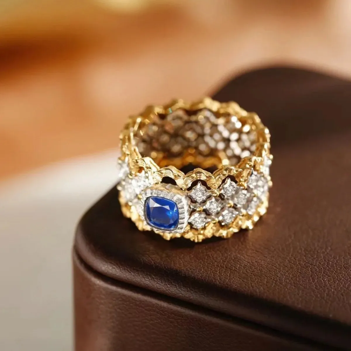 

Vintage 925 Silver Rigato Natural Blue Sapphire Lace Rings Unisex Tulle Honeycombing Two-tones Finger Band Luxury Bucci Jewelry