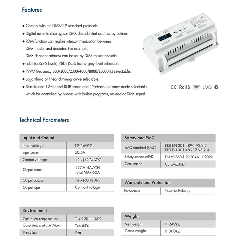 Imagem -02 - Dmx Dmx Dimming Controller Rgb Rgbw Led Strip Dimmer Luz de Palco D12 ou 24 Canais D24 Rgb Din Rail 512 Decodificador 12v 24v