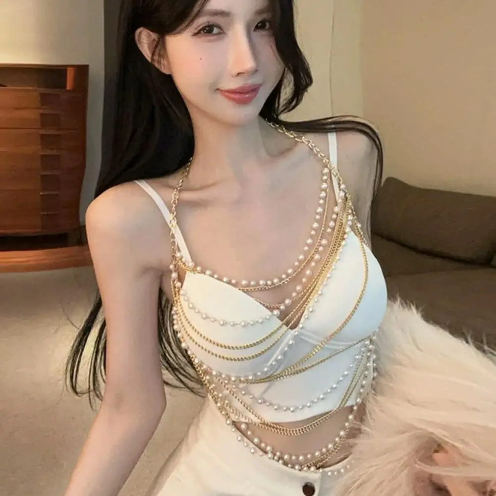 مثير اللؤلؤ شرابة الجسم سلسلة الصيف الشاطئ Y2K متعدد الطبقات سلسلة معدنية القمم الصدرية سلسلة الجوف خارج الشرير شرابة الصدر سلاسل مجوهرات