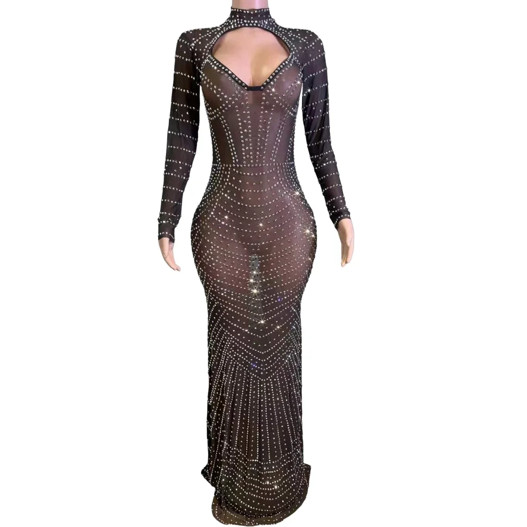 Mesh Sheer See Through Stretch Long Dress For Women Black Red Sparkly Dressy Birthday Party Queen Stage Wear Pregnant Stage Wear