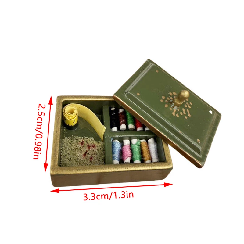 صندوق خياطة عتيق بمقياس 1:12 لبيت الدمى مع غطاء، ملحق أثاث ديكور نموذج بيت الألعاب #6