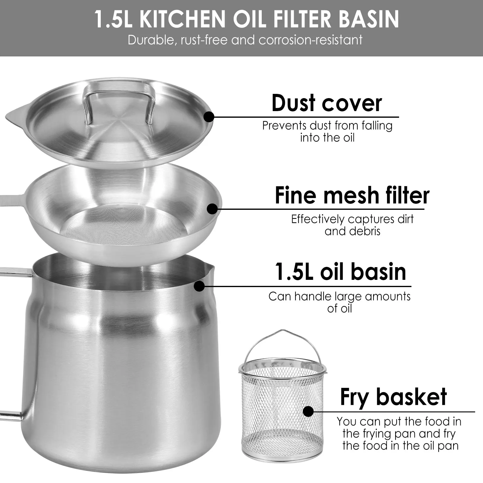 Oil Filter Pot Stainless Steel Oil Storage Can with Filter Lid and Frying Basket Oil Filter Tank Grease Container Kitchen Tool