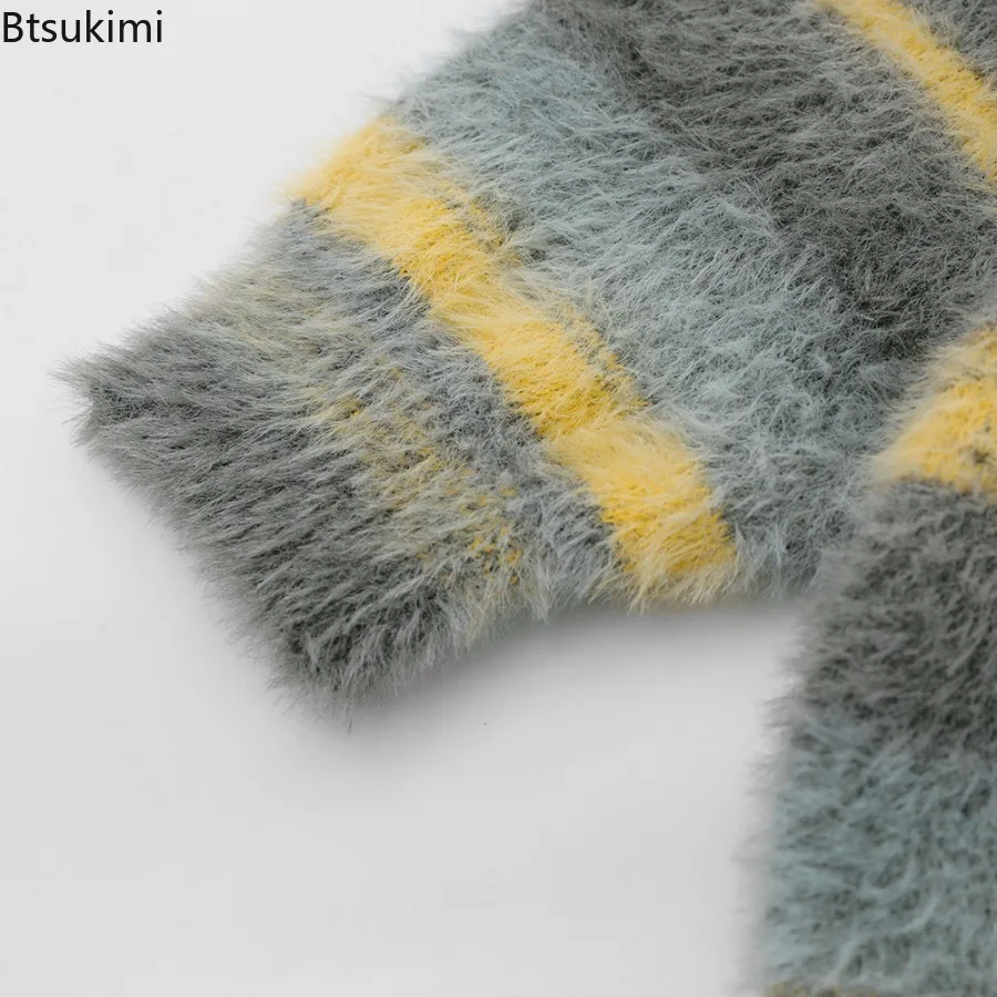 Men's Yellow Striped Thickened Knitted Cardigan Autumn and Winter Thickened Fleece Warm Loose Long-sleeved V-neck Sweater Jacket